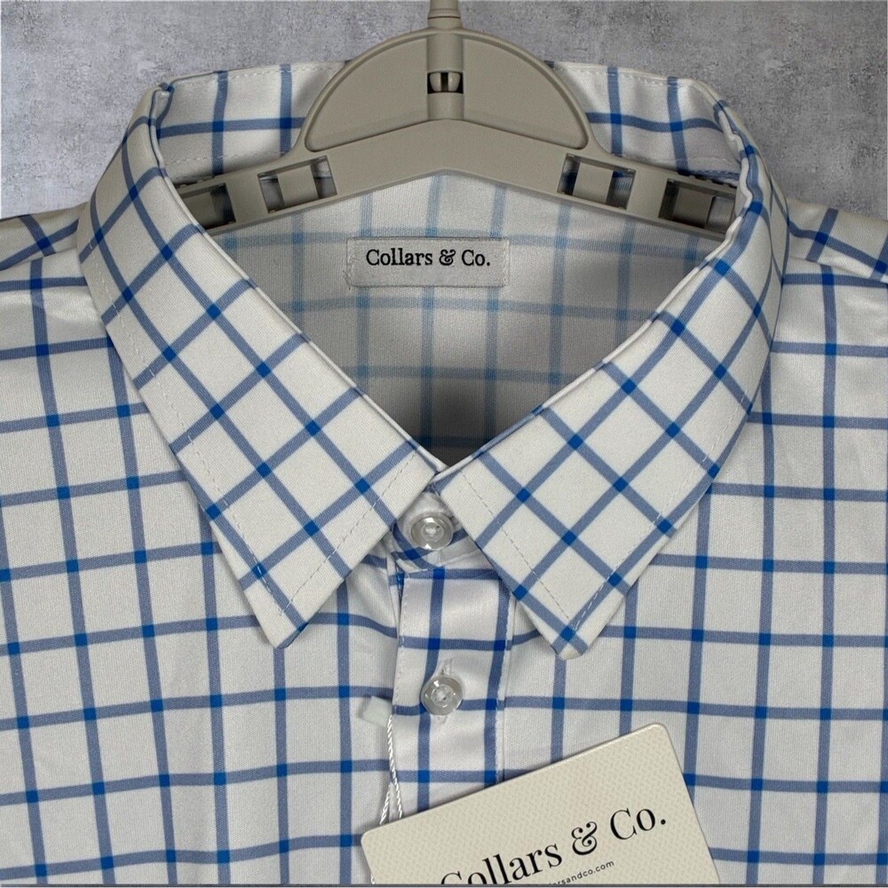 Collars & Co Polo Shirt Mens Large Windowpane Plaid Grid Office Dress Collar NWT